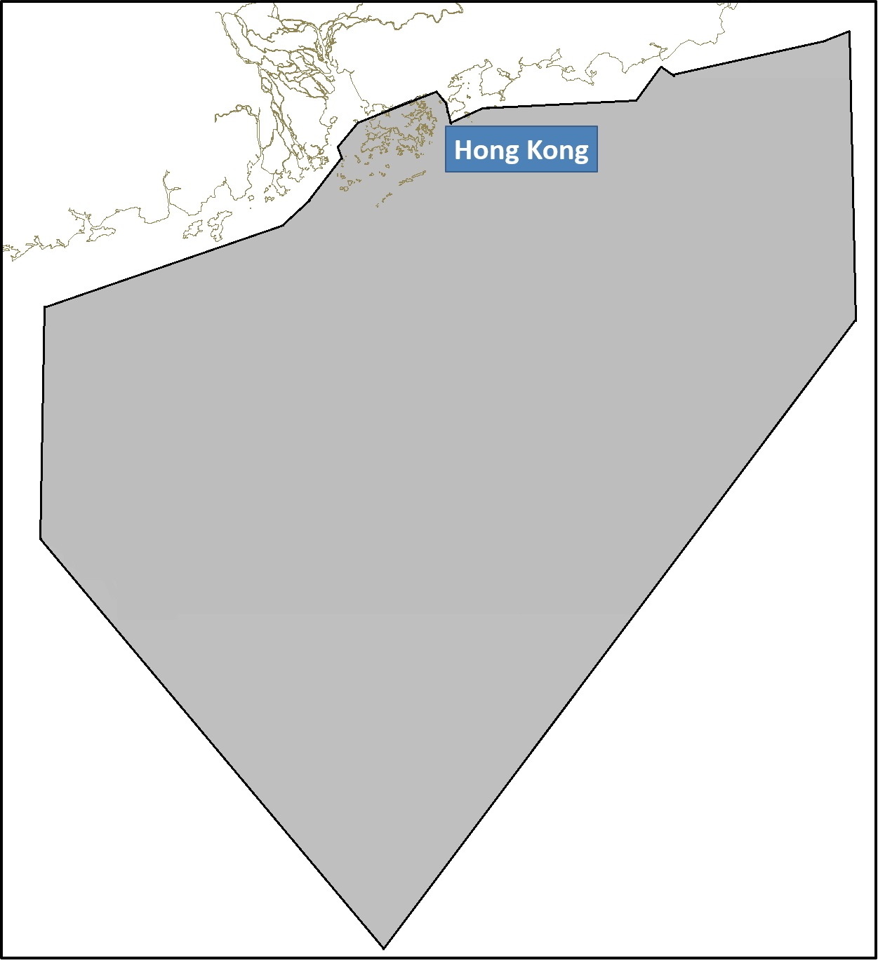 The Hong Kong Flight Information Region (area in grey) with airways and route