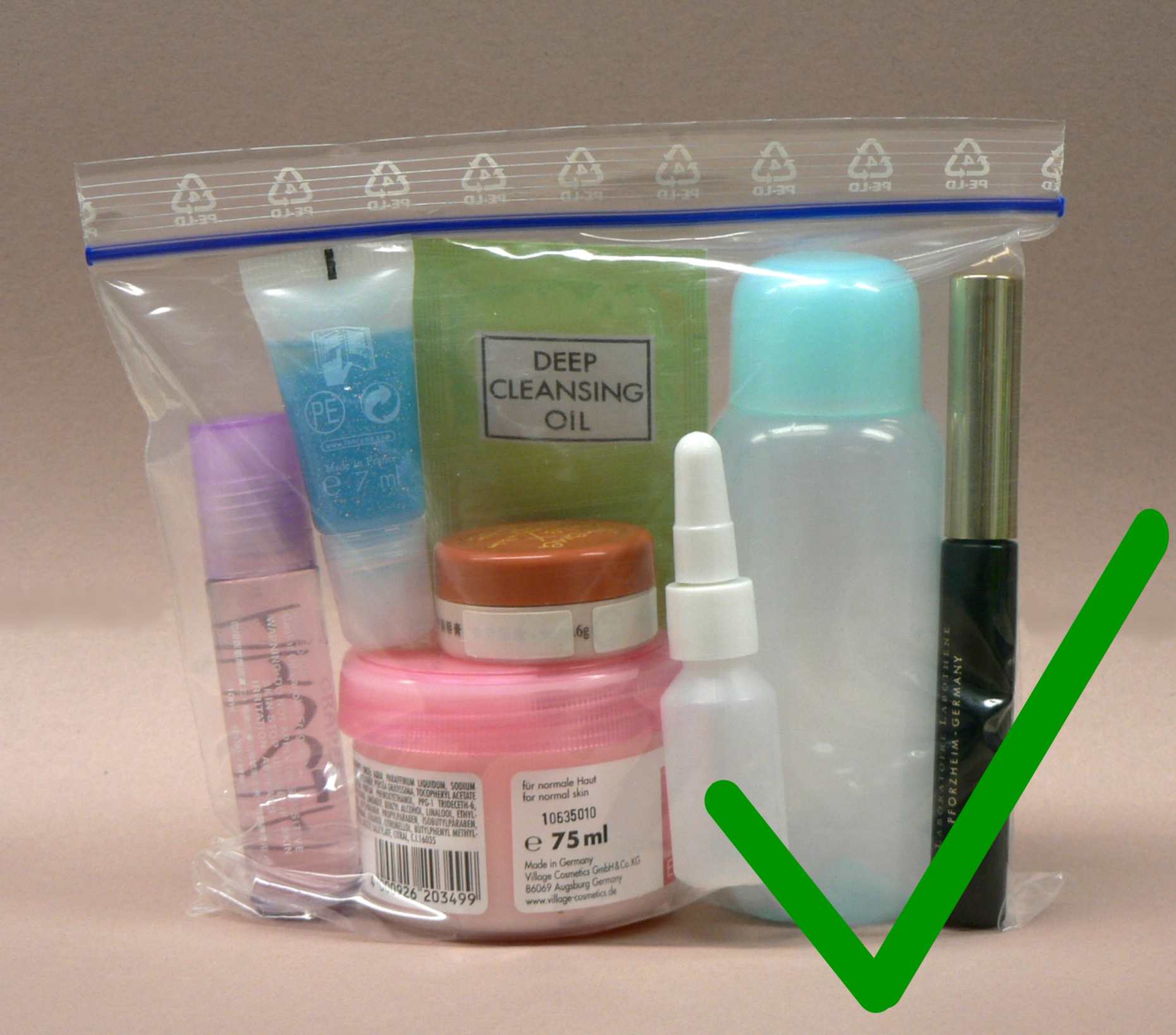 All liquids, gels, aerosols in cabin baggage have to be carried in containers with a capacity not greater than 100 ml.