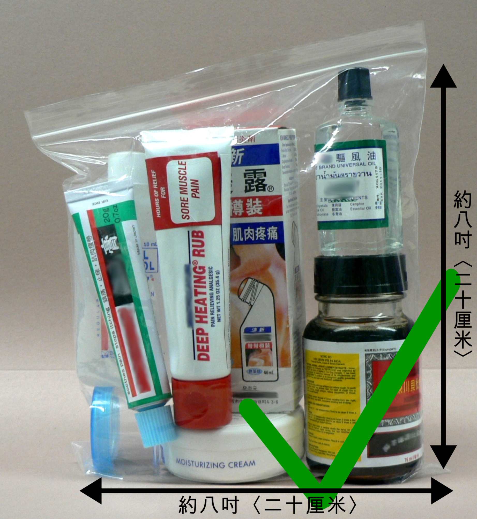 所有盛載液體、凝膠及噴霧類物品之容器，均應儲存於一個容量不超過一公升、並可重複密封的透明塑膠袋內