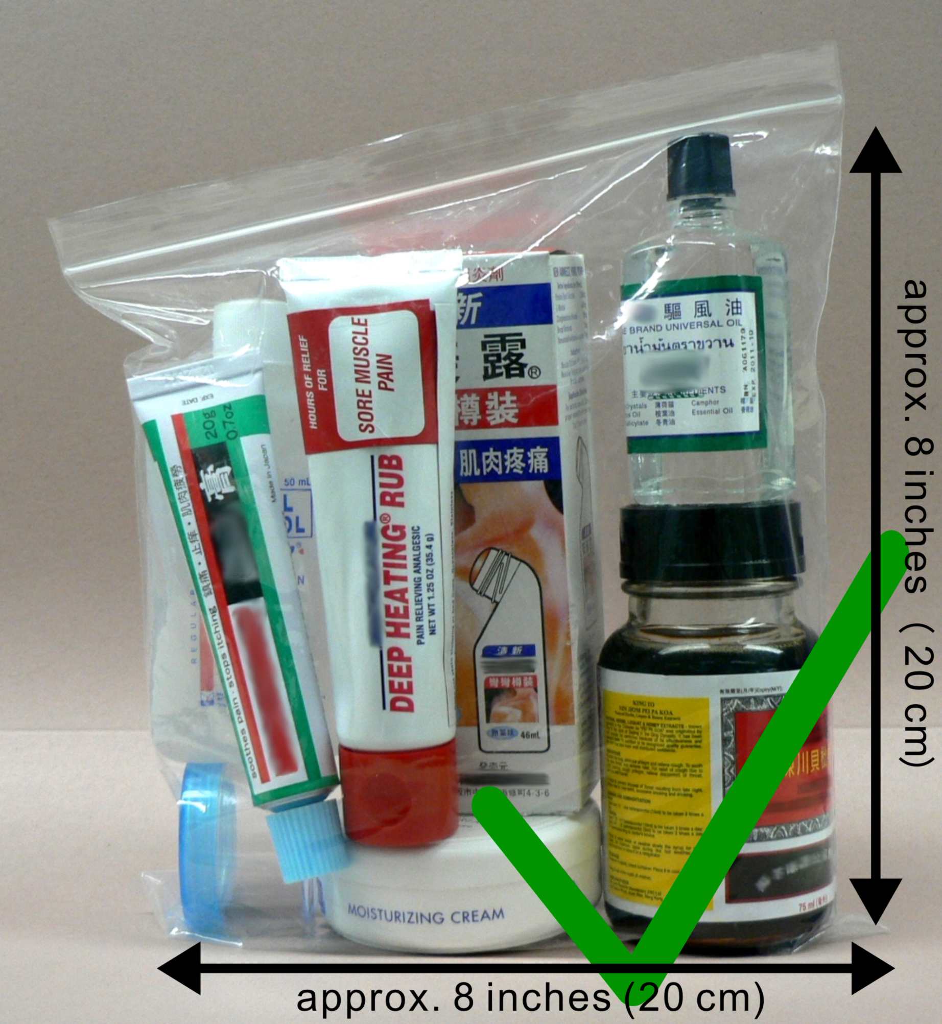 Containers have to be placed in a transparent re-sealable plastic bag of a maximum capacity not exceeding one litre.