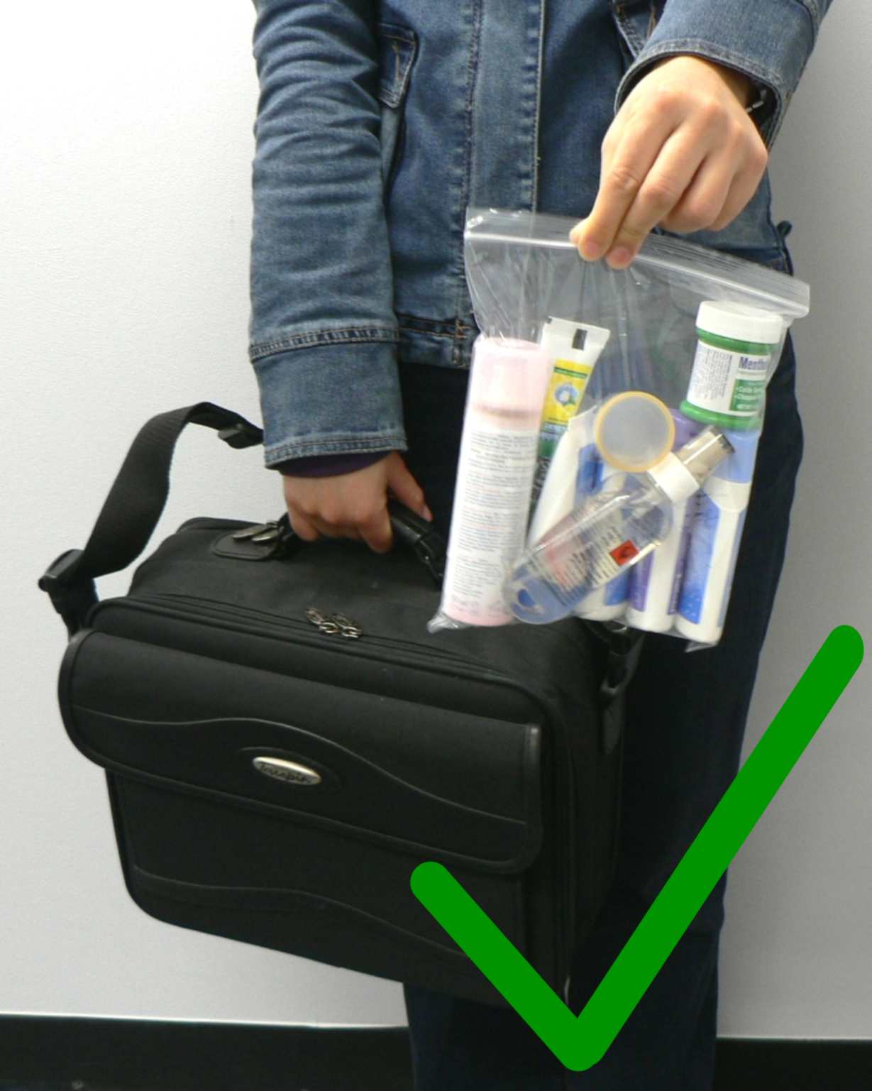 The plastic bag has to be presented separately from other cabin baggage for visual examination at the screening point.