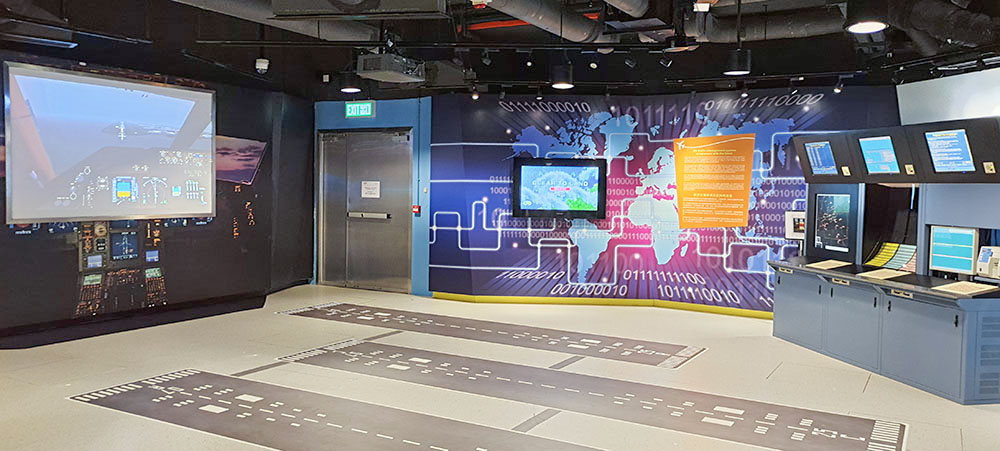 Immersed Flight Simulation (left) and First-generation ATM System (AT-1) showcase console (right) on the ground floor exhibition gallery.